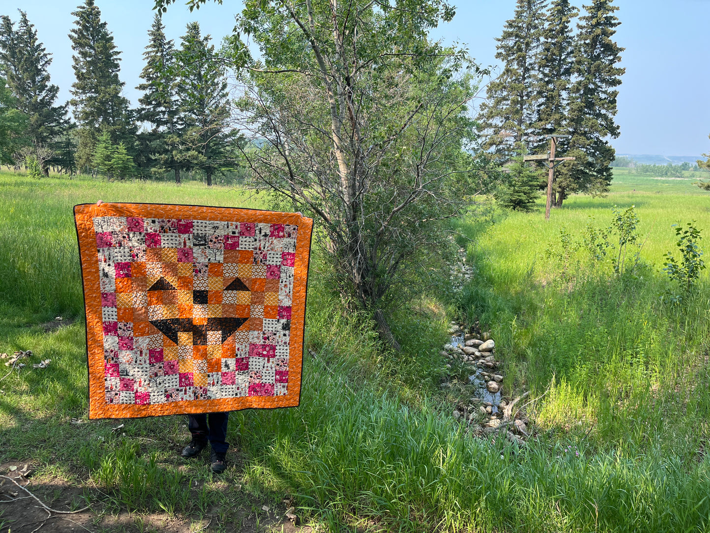 Halloween Throw Quilt, Jack o Lantern Pixel Heart Quilt