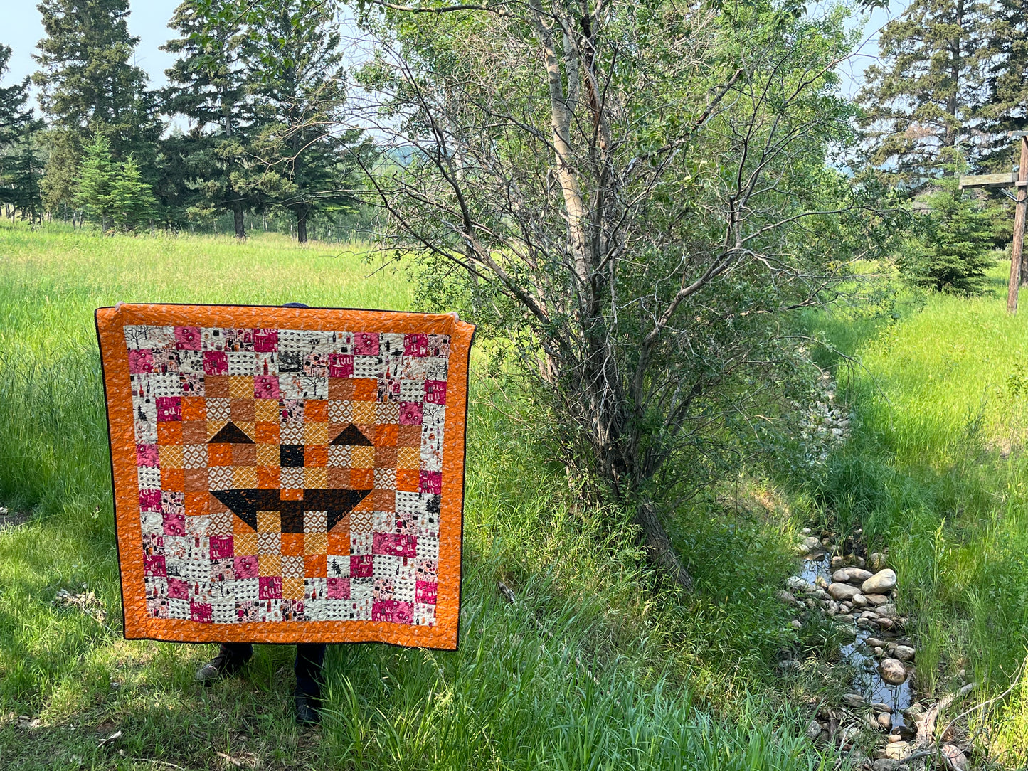 Halloween Throw Quilt, Jack o Lantern Pixel Heart Quilt