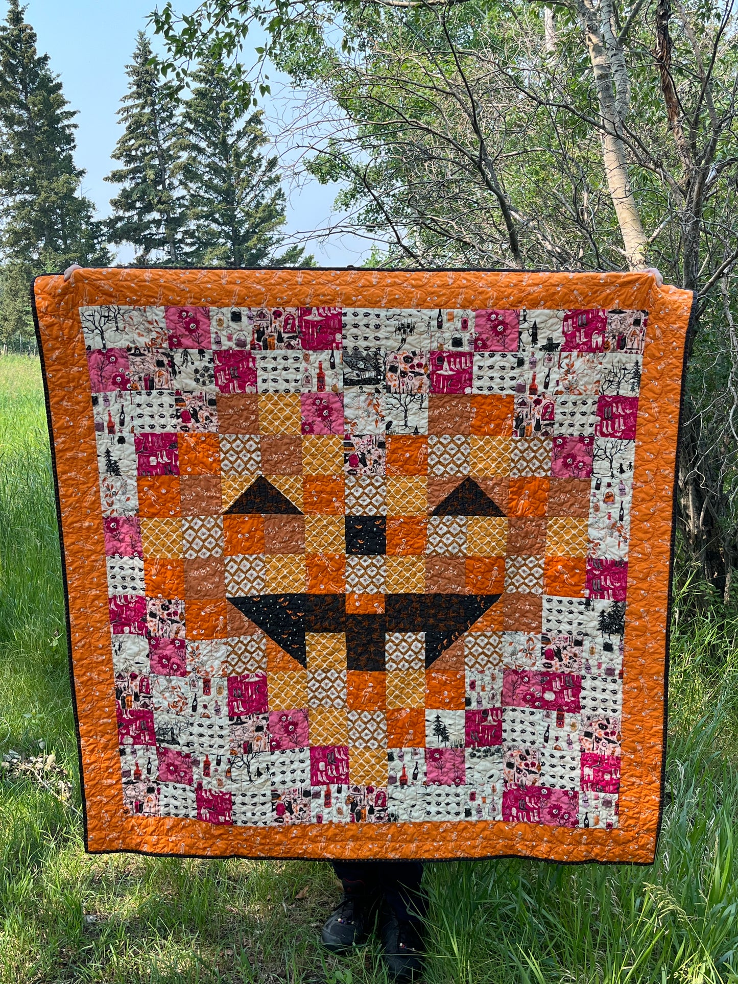 Halloween Throw Quilt, Jack o Lantern Pixel Heart Quilt