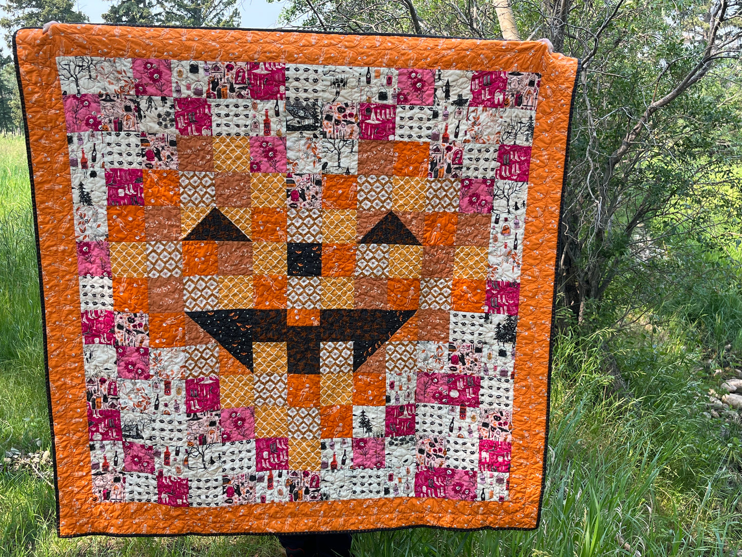 Halloween Throw Quilt, Jack o Lantern Pixel Heart Quilt