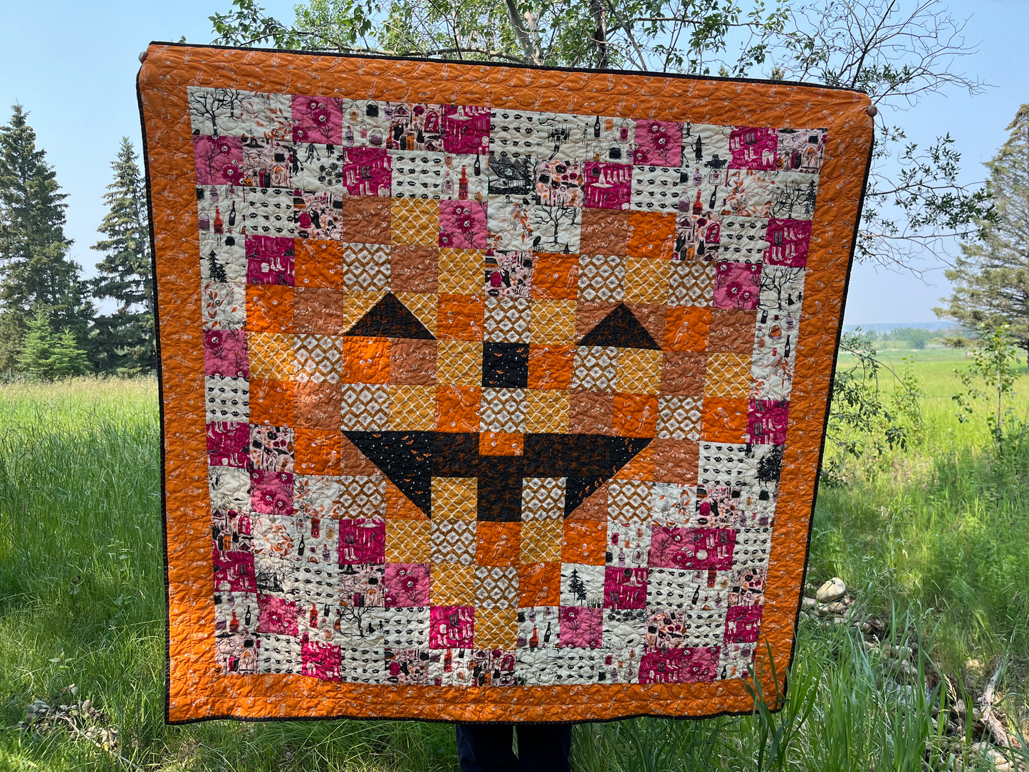 Halloween Throw Quilt, Jack o Lantern Pixel Heart Quilt