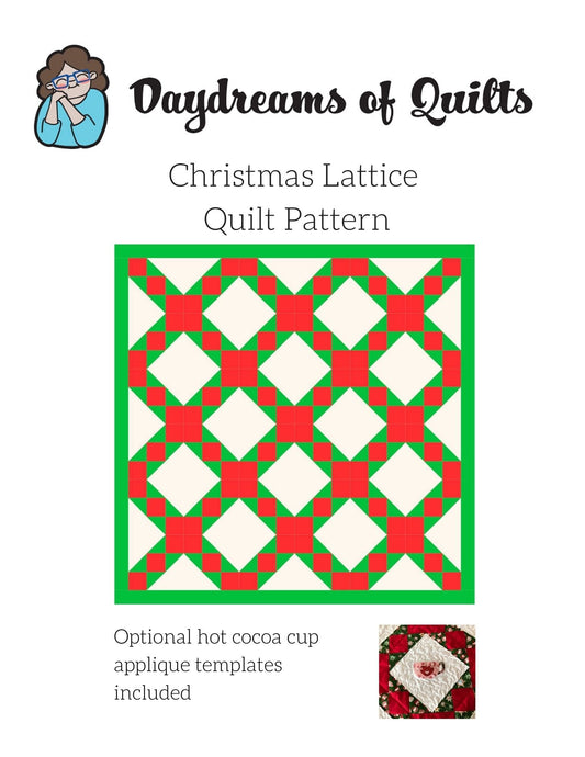 Christmas Lattice Quilt Pattern, Twin Quilt Pattern, Large Throw PDF Pattern, Cocoa or Coffee Mug Applique Quilt